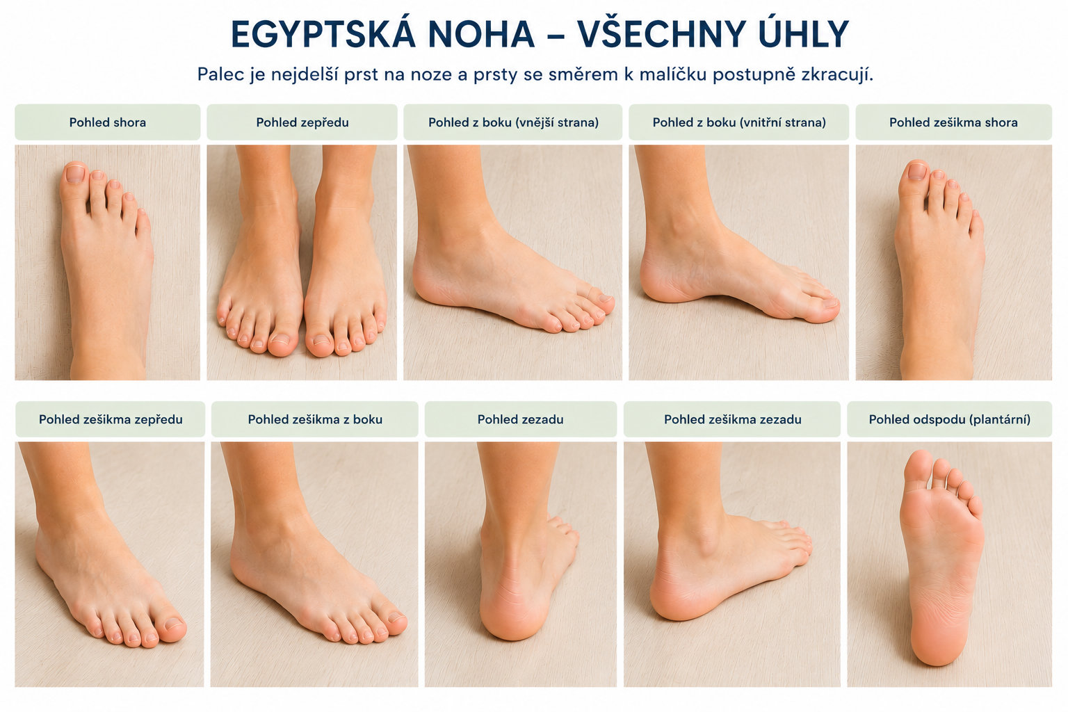 Egyptská noha u dítěte – fotografie chodidla z různých úhlů